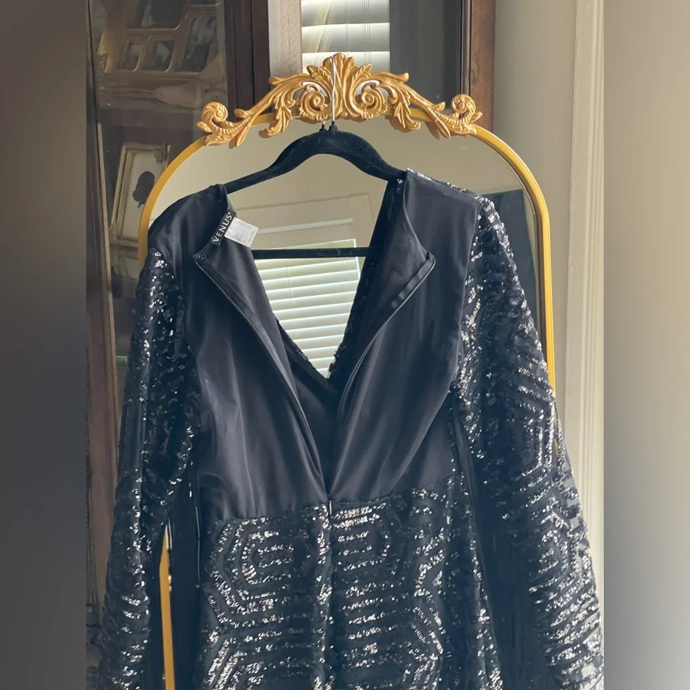 Venus NWT Black Sequin Bell Sleeve Fringe V-Neck Mini Dress - Picture 9 of 15